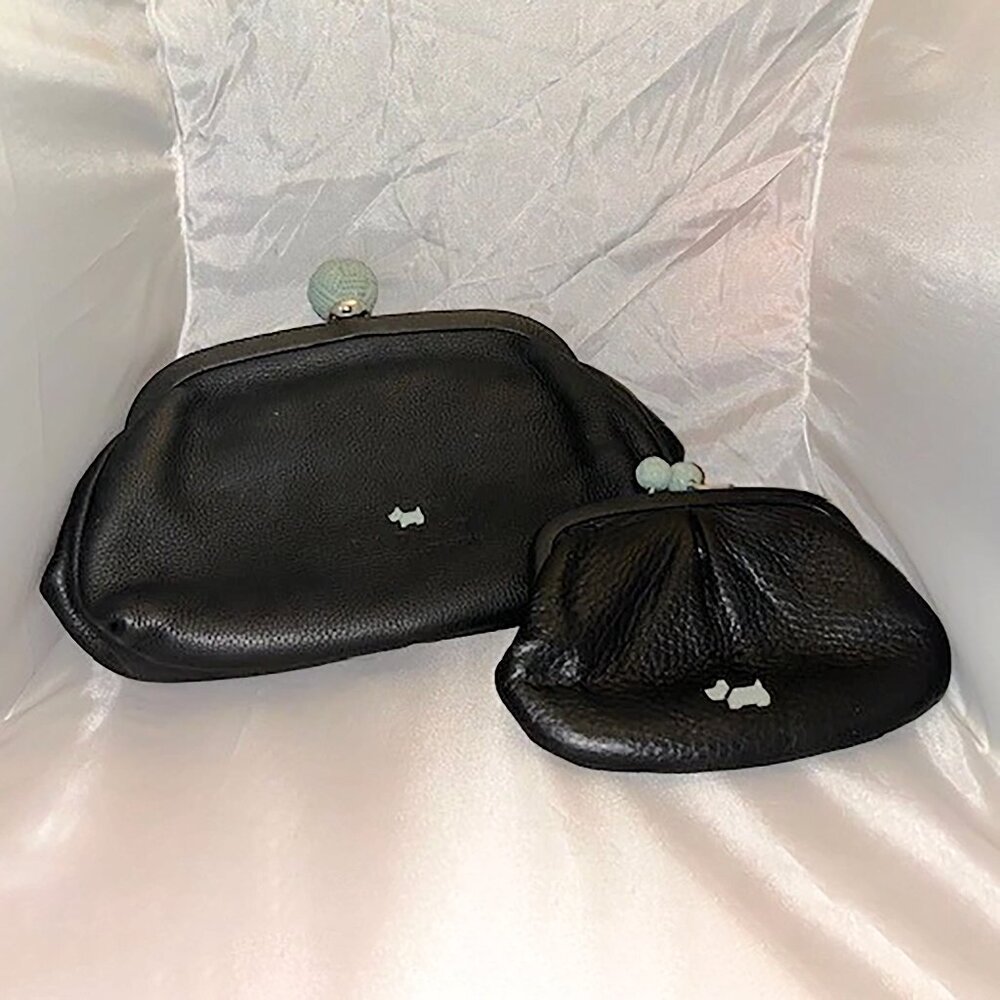 RARE Radley London Black Leather Kiss-lock Clutch & Coin Purse VINTAGE